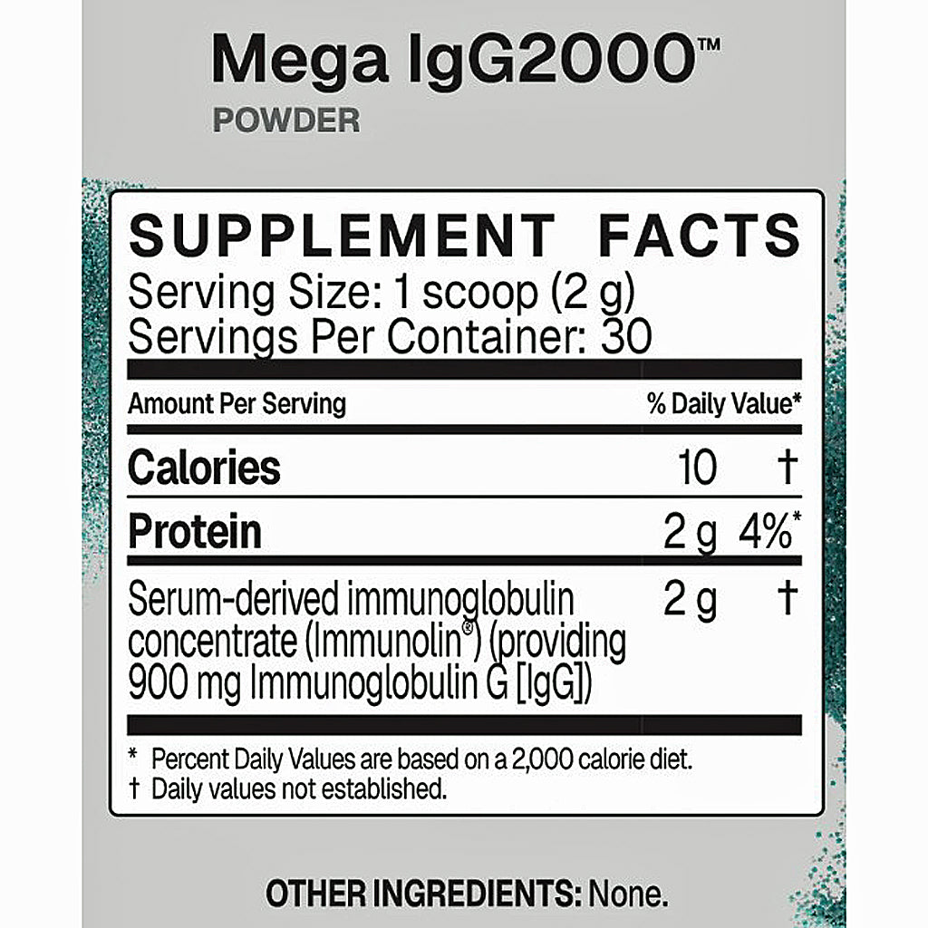 A close-up of a supplement facts label for Mega IgG2000 Powder, showing serving size, calories, protein, and immunoglobulin content on a white panel with gray background.