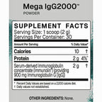 A close-up of a supplement facts label for Mega IgG2000 Powder, showing serving size, calories, protein, and immunoglobulin content on a white panel with gray background.