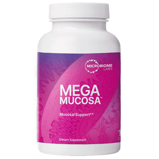 A white plastic bottle of Microbiome Labs Mega Mucosa Mucosal Support dietary supplement, featuring a vibrant purple and magenta label.