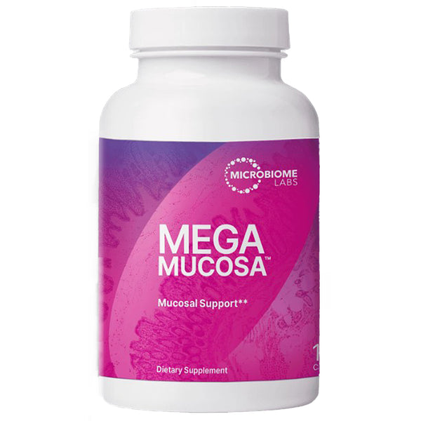 A white plastic bottle of Microbiome Labs Mega Mucosa Mucosal Support dietary supplement, featuring a vibrant purple and magenta label.