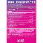 A close-up of a supplement facts label for MEGA MUCOSA capsules, showing a white table with purple and pink sections and listed ingredients such as protein, immunoglobulin G, L-proline, L-serine, and L-threonine.