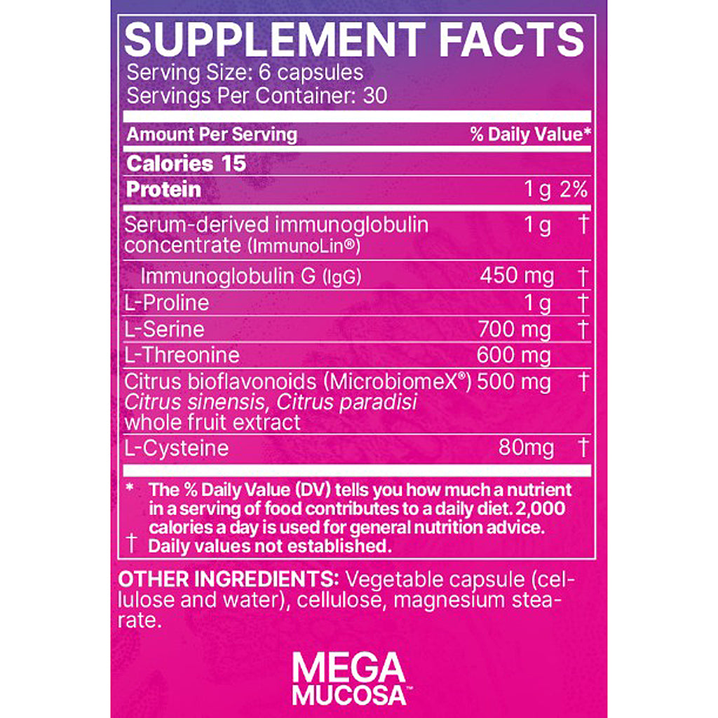 A close-up of a supplement facts label for MEGA MUCOSA capsules, showing a white table with purple and pink sections and listed ingredients such as protein, immunoglobulin G, L-proline, L-serine, and L-threonine.