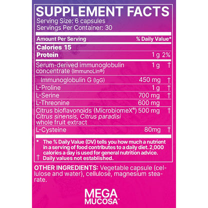 A close-up of a supplement facts label for MEGA MUCOSA capsules, showing a white table with purple and pink sections and listed ingredients such as protein, immunoglobulin G, L-proline, L-serine, and L-threonine.