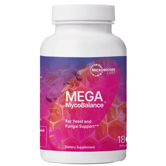 A white plastic bottle of Microbiome Labs Mega MycoBalance dietary supplement, featuring a vibrant purple and pink label with a honeycomb pattern.