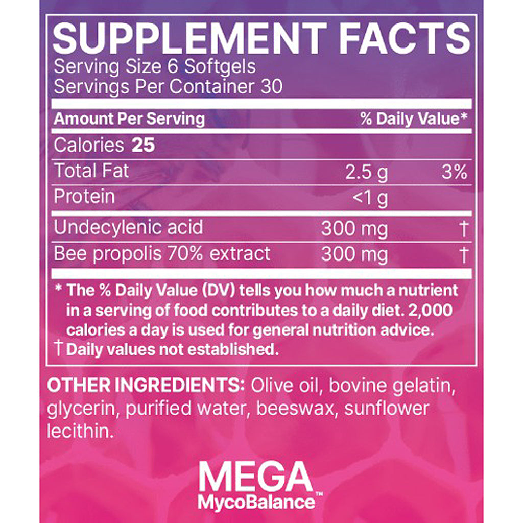 Front of a supplement facts label for MEGA MycoBalance softgels, showing serving size 6 softgels, nutrition table, and other ingredients including olive oil, bovine gelatin, glycerin, purified water, beeswax, and sunflower lecithin.