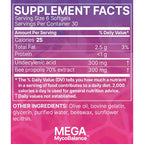 Front of a supplement facts label for MEGA MycoBalance softgels, showing serving size 6 softgels, nutrition table, and other ingredients including olive oil, bovine gelatin, glycerin, purified water, beeswax, and sunflower lecithin.