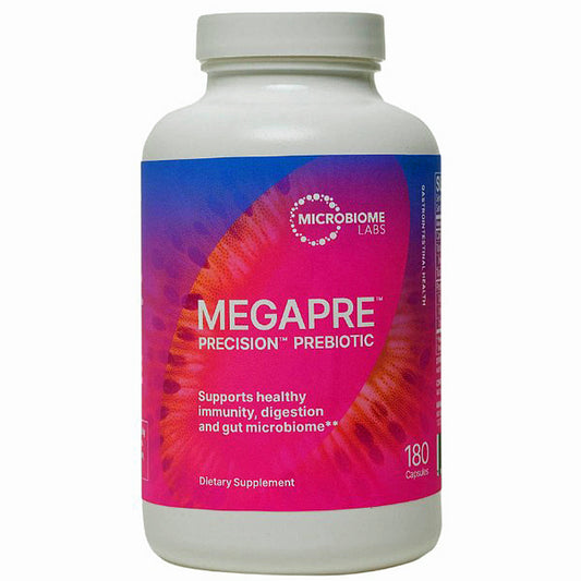 A white plastic bottle of Microbiome Labs Megapre Precision Prebiotic dietary supplement, featuring a vibrant blue-to-pink label with a red circular graphic.