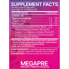 A close-up of a Megapre supplement facts label with a bright pink and purple gradient background and white text detailing serving size, calories, nutrients, and other ingredients.
