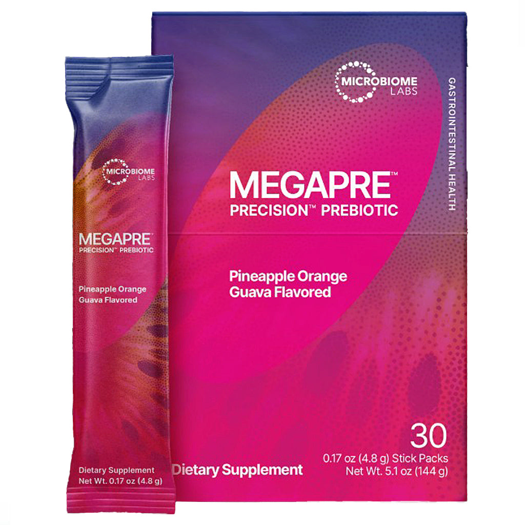 Microbiome Labs Megapre Precision Prebiotic dietary supplement packaging, showing a purple and magenta box with a matching single stick pack beside it on a white background.