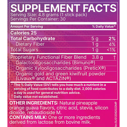A close-up of a supplement facts label with a purple-to-pink gradient background. The label reads 'SUPPLEMENT FACTS' and shows nutrition information for a 4.