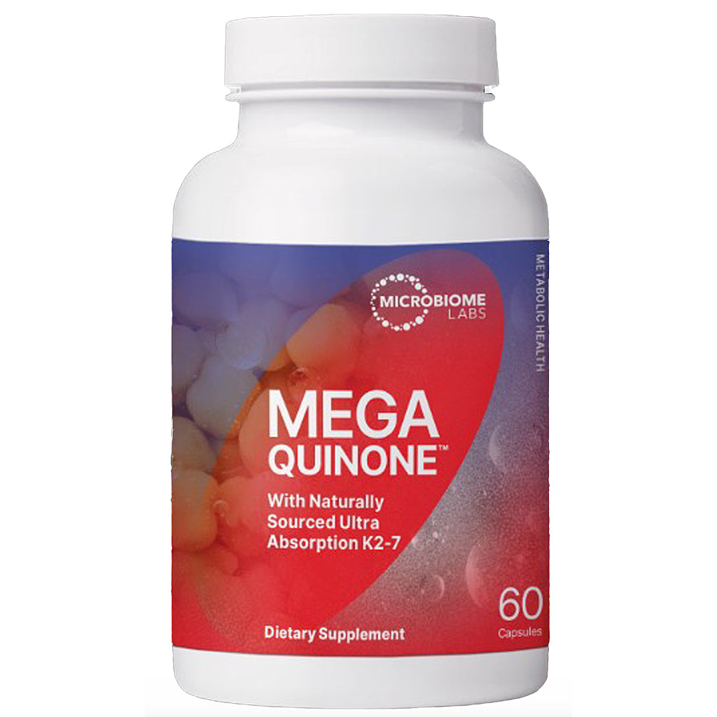 A white plastic bottle of Microbiome Labs Mega Quinone dietary supplement, featuring a red and purple label with white text and a white cap, set against a plain white background.