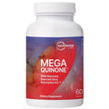 A white plastic bottle of Microbiome Labs Mega Quinone dietary supplement, featuring a red and purple label with white text and a white cap, set against a plain white background.