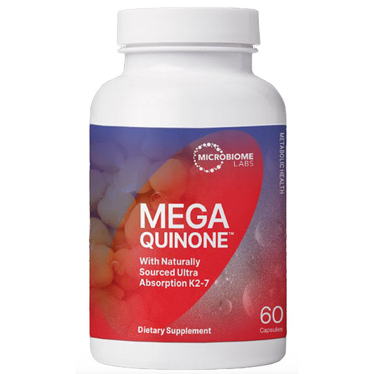 A white plastic bottle of Microbiome Labs Mega Quinone dietary supplement, featuring a red and purple label with white text and a white cap, set against a plain white background.