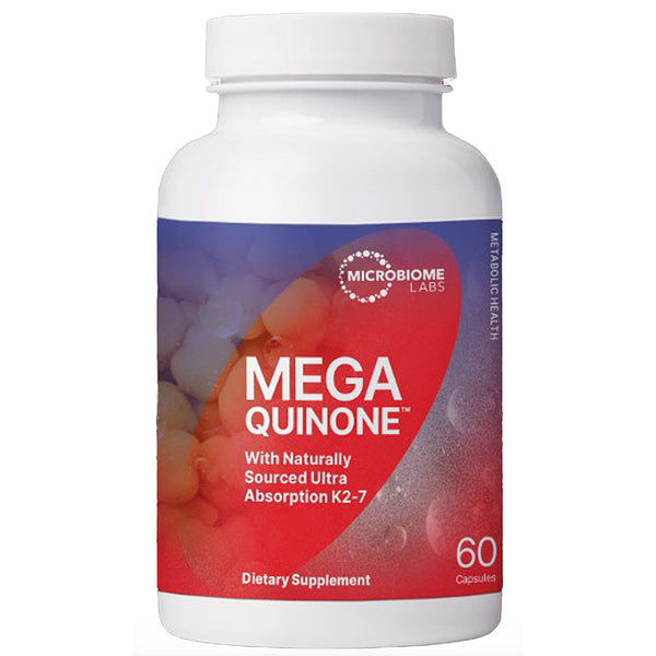 A white plastic bottle of Microbiome Labs Mega Quinone dietary supplement, featuring a red and purple label with white text and a white cap, set against a plain white background.