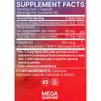A close-up of a supplement facts label for Mega Quinone, showing a red and purple background with white text listing nutrients such as Vitamin K1, Magnesium, Zinc, and Vitamin K2, plus Natural K2 and SOG-Safe badges.