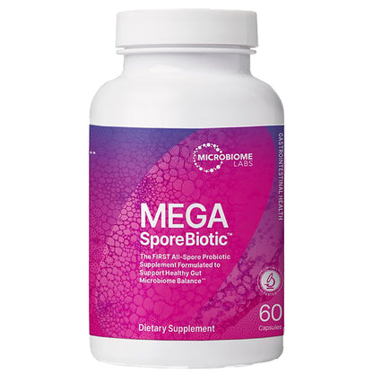 A white plastic bottle of Microbiome Labs MEGA SporeBiotic dietary supplement with a purple and pink label, containing 60 capsules.
