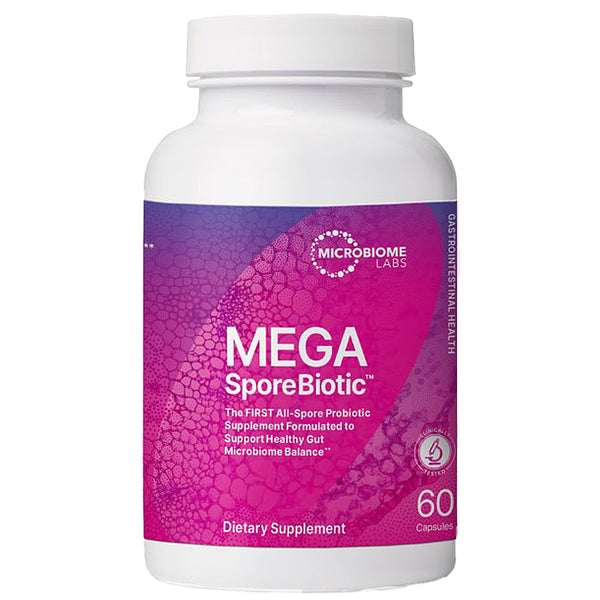 A white plastic bottle of Microbiome Labs MEGA SporeBiotic dietary supplement with a purple and pink label, containing 60 capsules.