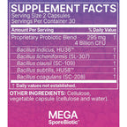 A close-up of a supplement facts label for MEGA SporeBiotic, showing a purple and magenta background with white text detailing the proprietary probiotic blend and bacterial strains.