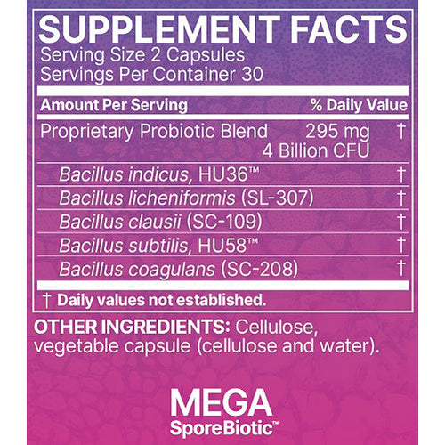 A close-up of a supplement facts label for MEGA SporeBiotic, showing a purple and magenta background with white text detailing the proprietary probiotic blend and bacterial strains.