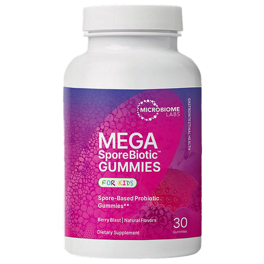 A white plastic bottle of Microbiome Labs Mega SporeBiotic Gummies for Kids, featuring a vibrant purple and magenta label with berry graphics.