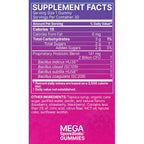 A close-up of a supplement facts label for MEGA SporeBiotic Gummies, showing a purple-to-pink gradient background with white text detailing serving size, calories, carbohydrates, sugars, and listed ingredients including Bacillus indicus, Bacillus clausi, Bacillus subtilis, and Bacillus coagulans.