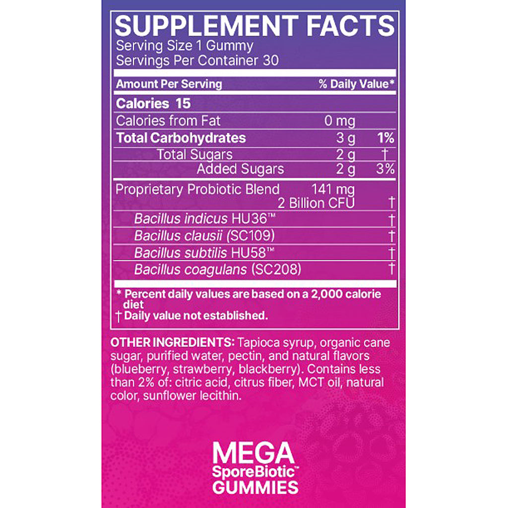 A close-up of a supplement facts label for MEGA SporeBiotic Gummies, showing a purple-to-pink gradient background with white text detailing serving size, calories, carbohydrates, sugars, and listed ingredients including Bacillus indicus, Bacillus clausi, Bacillus subtilis, and Bacillus coagulans.