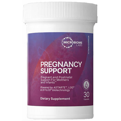 A white plastic bottle of Microbiome Labs Pregnancy Support dietary supplement with a purple and magenta label, containing 30 capsules.