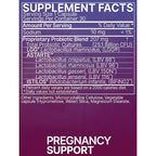 A close-up of a supplement facts label with a purple-to-magenta gradient background. The label reads 'SUPPLEMENT FACTS' at the top, lists ingredients such as sodium, proprietary probiotic blend, LGG, AStaro, and Istiilos, and says 'PREGNANCY SUPPORT' in large white text at the bottom.