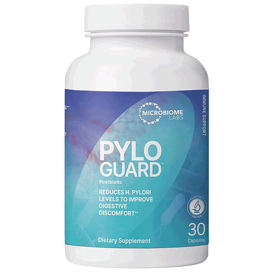 A white plastic bottle of Microbiome Labs Pylo Guard postbiotic dietary supplement, featuring a blue and purple label with white text, on a solid white background.