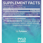 Front of a Pylopass supplement facts label with a blue-to-teal textured background, serving size 1 capsule, 30 servings per container, and listing Limosilactobacillus reuteri DSM 17648 with 20 billion cells.
