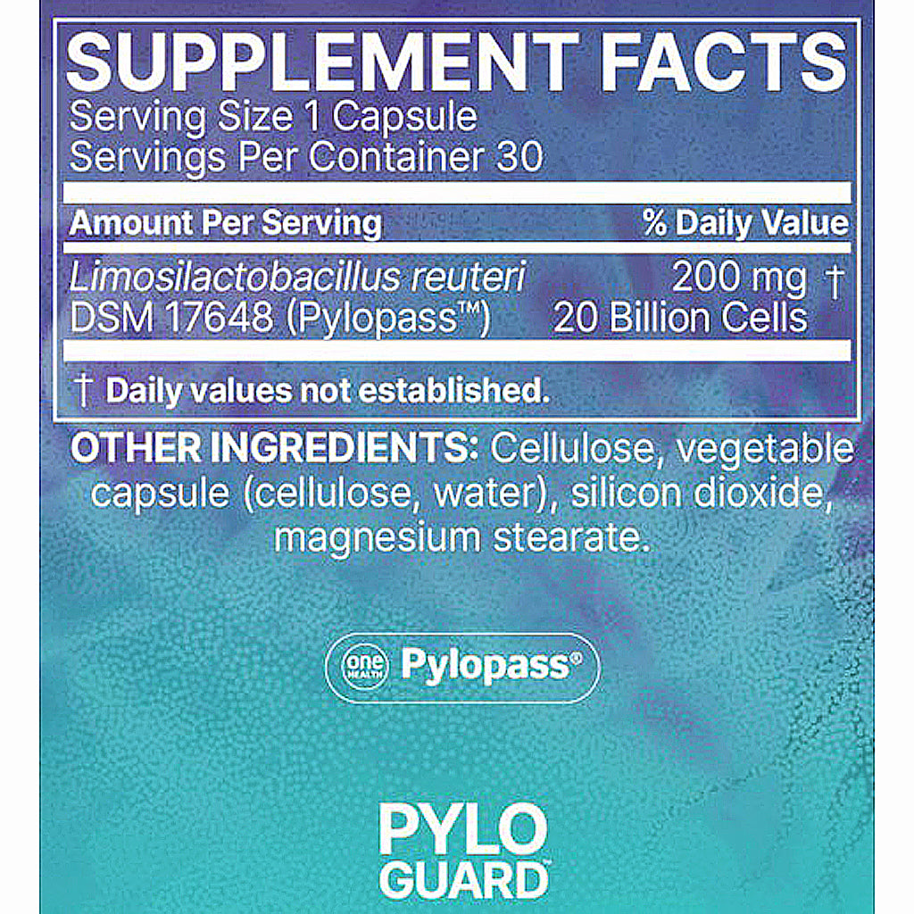 Front of a Pylopass supplement facts label with a blue-to-teal textured background, serving size 1 capsule, 30 servings per container, and listing Limosilactobacillus reuteri DSM 17648 with 20 billion cells.