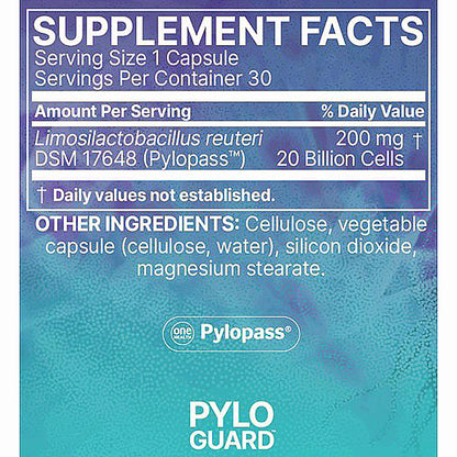 Front of a Pylopass supplement facts label with a blue-to-teal textured background, serving size 1 capsule, 30 servings per container, and listing Limosilactobacillus reuteri DSM 17648 with 20 billion cells.