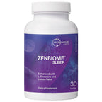 A white plastic bottle of Microbiome Labs Zenbiome Sleep dietary supplement, featuring a purple label with white text and a white cap, set against a plain white background.
