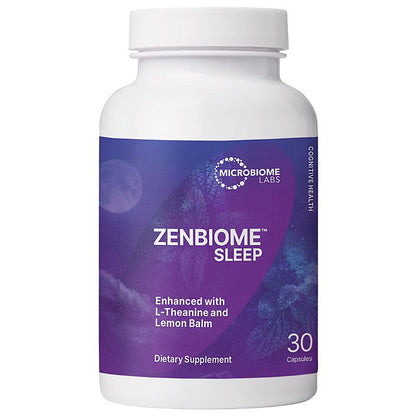 A white plastic bottle of Microbiome Labs Zenbiome Sleep dietary supplement, featuring a purple label with white text and a white cap, set against a plain white background.