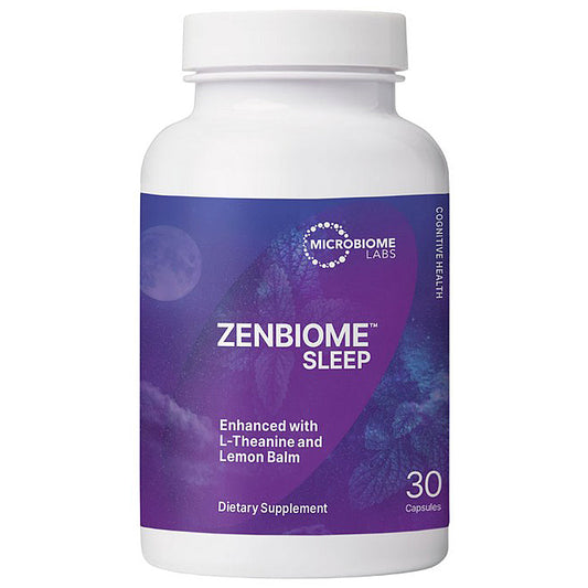 A white plastic bottle of Microbiome Labs Zenbiome Sleep dietary supplement, featuring a purple label with white text and a white cap, set against a plain white background.