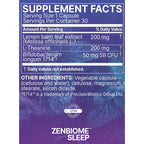 A supplement facts label for Zenbiome Sleep capsules, showing a blue-to-purple panel with serving size, nutrients, and ingredients including lemon balm leaf extract, L-Theanine, and Bifidobacterium longum 1714.