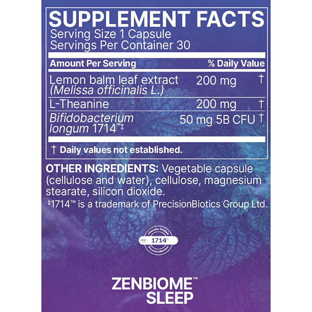 A supplement facts label for Zenbiome Sleep capsules, showing a blue-to-purple panel with serving size, nutrients, and ingredients including lemon balm leaf extract, L-Theanine, and Bifidobacterium longum 1714.