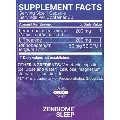 A supplement facts label for Zenbiome Sleep capsules, showing a blue-to-purple panel with serving size, nutrients, and ingredients including lemon balm leaf extract, L-Theanine, and Bifidobacterium longum 1714.