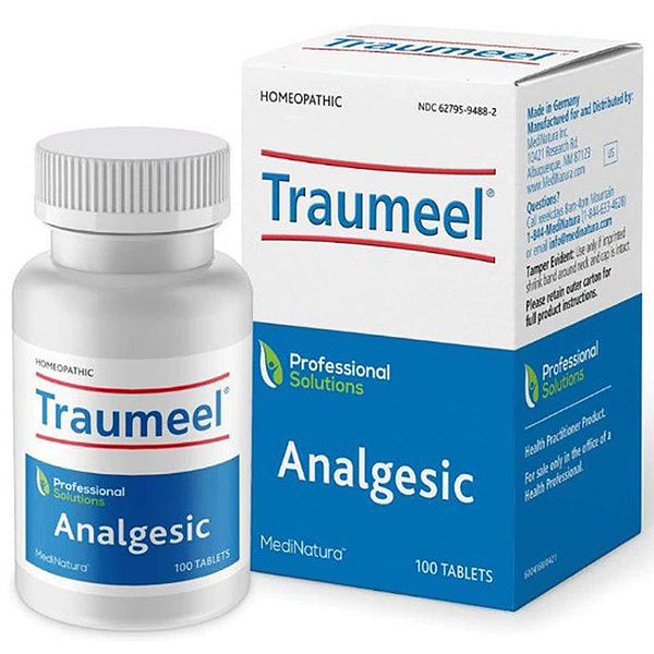 Traumeel analgesic tablets bottle and packaging on a white background