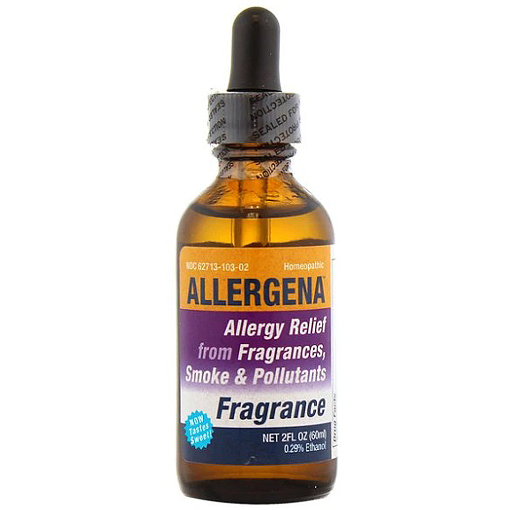 A 2 fl oz amber glass dropper bottle of Allergena Fragrance Allergy Relief, featuring a black dropper cap and a label with orange, purple, and blue sections, set against a plain white background.