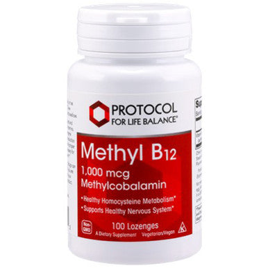 A bottle of Protocol for Life Balance Methyl B-12 1000 mcg lozenges, with red and white labeling.