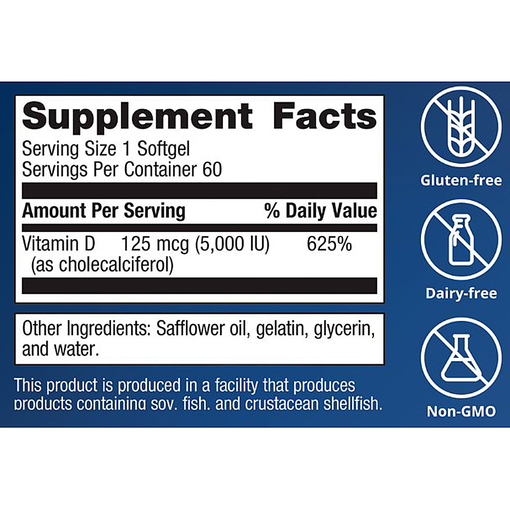 Supplement facts label with vitamin D information and product details on a blue background