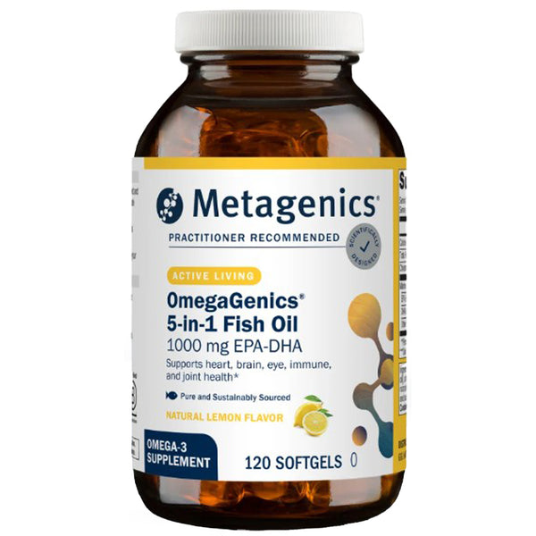 Metagenics OmegaGenics 5-in-1 Fish Oil supplement bottle on a white background