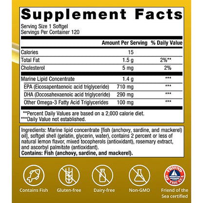 Supplement facts label with nutritional information and certification logos on a yellow background