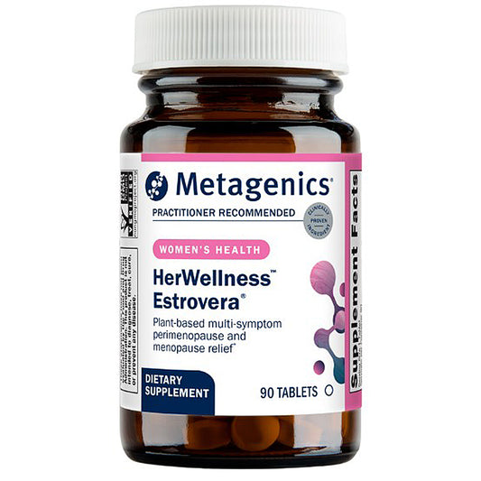 Metagenics HerWellness Estrovera dietary supplement bottle on a white background
