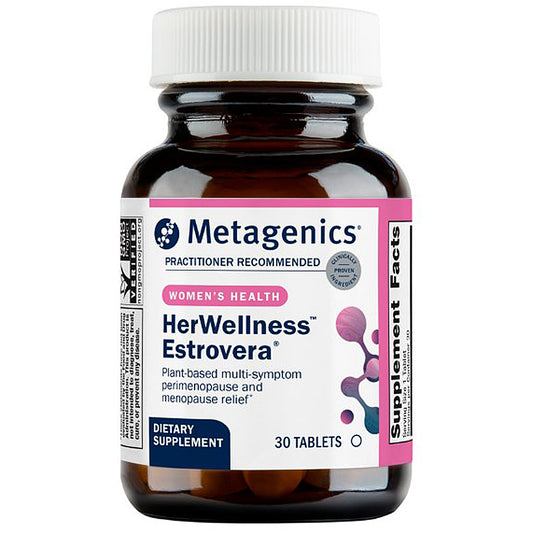 Metagenics HerWellness Estrovera dietary supplement bottle on a white background