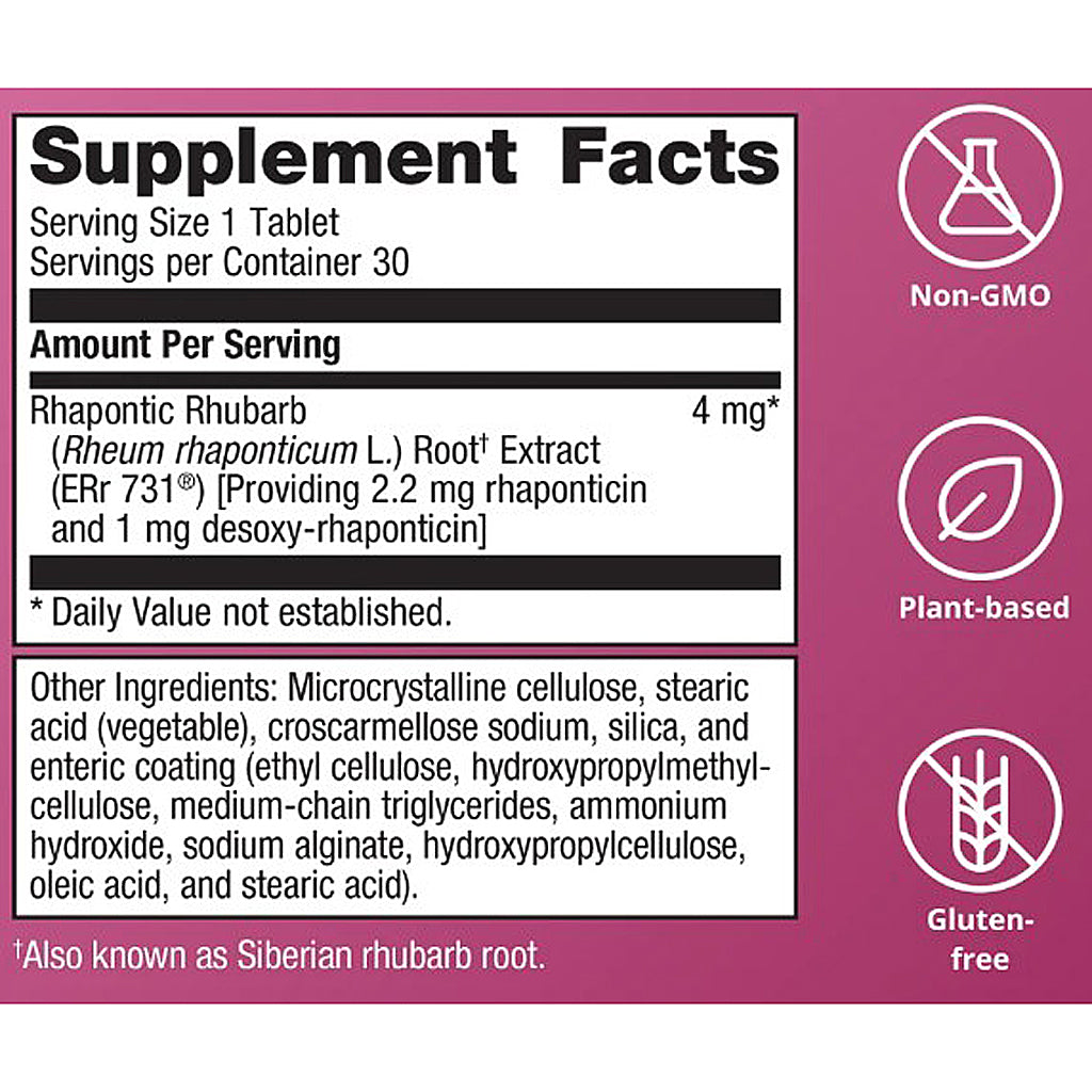 Supplement facts label with rhapontic rhubarb extract on a purple background