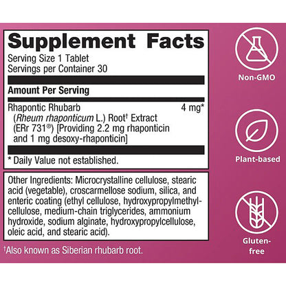 Supplement facts label with rhapontic rhubarb extract on a purple background