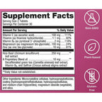 Supplement facts label with various health benefits on a purple background