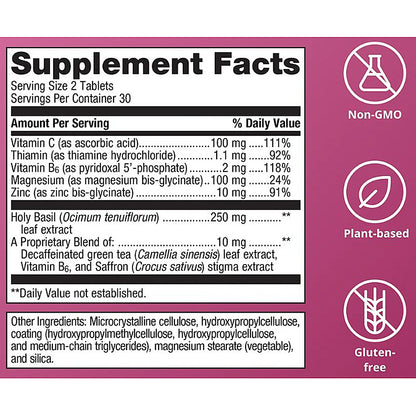 Supplement facts label with various health benefits on a purple background